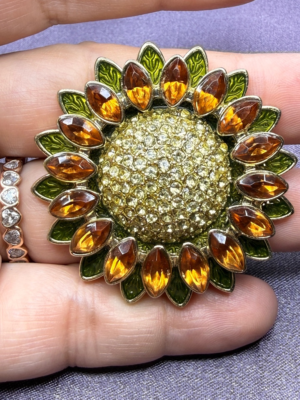 Napier  Sunflower Crystal Brooch - Amber and Green Accent
